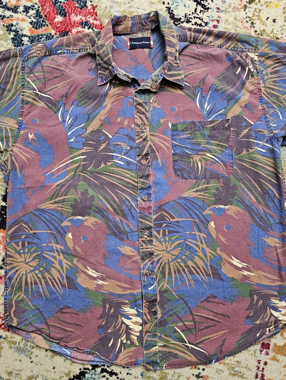 VTG American Blue Button Down Hawaiian Palm Shirt Mens XL Made In USA Vacation